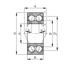 角接觸球軸承 3803-B-TVH, 雙列，接觸角 α = 25°