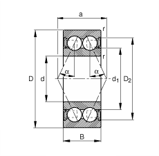 角接觸球軸承 3814-B-2RSR-TVH, 雙列，雙側唇密封，接觸角 α = 25°